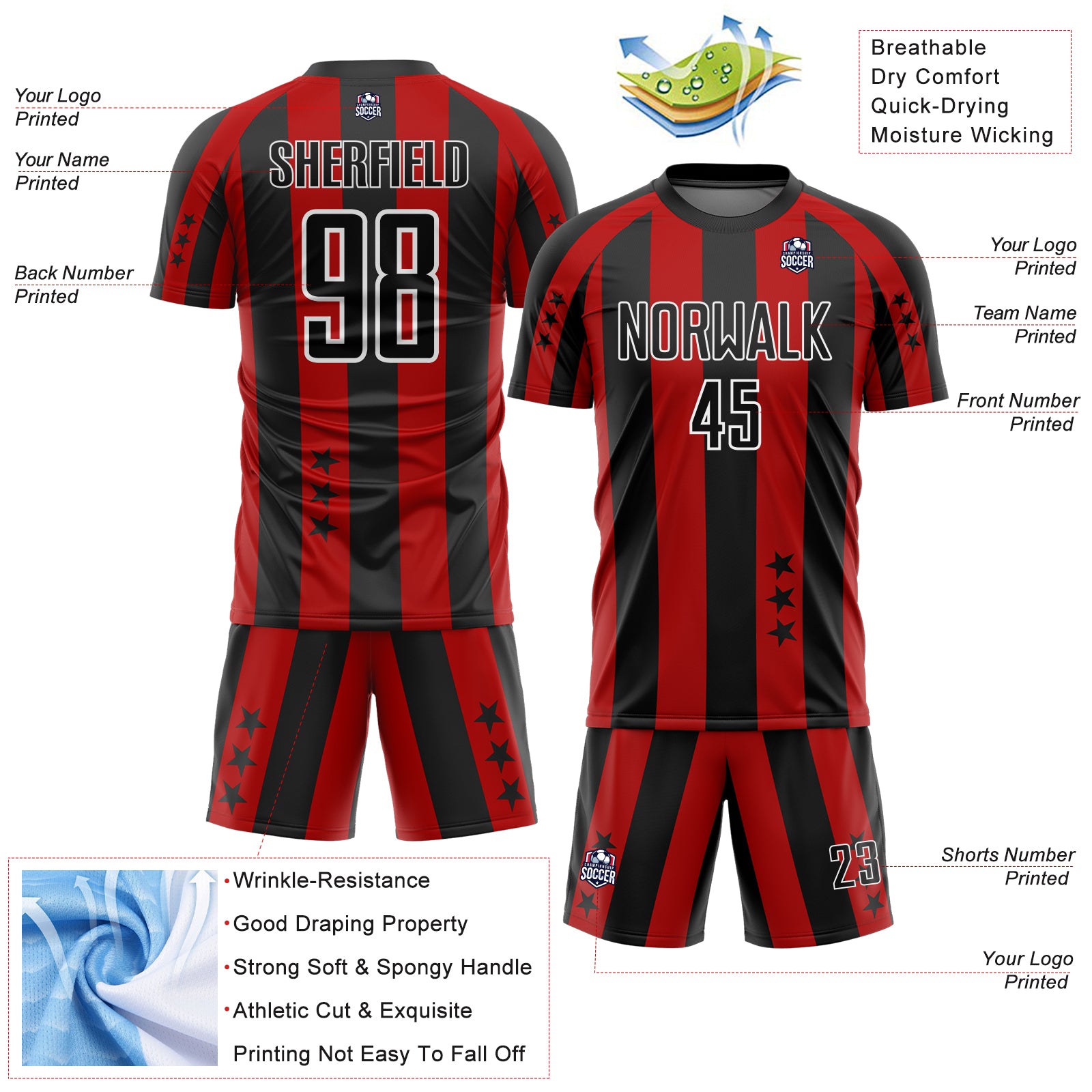 Custom Red Black-White Stars And Stripes Sublimation Soccer Uniform Jersey