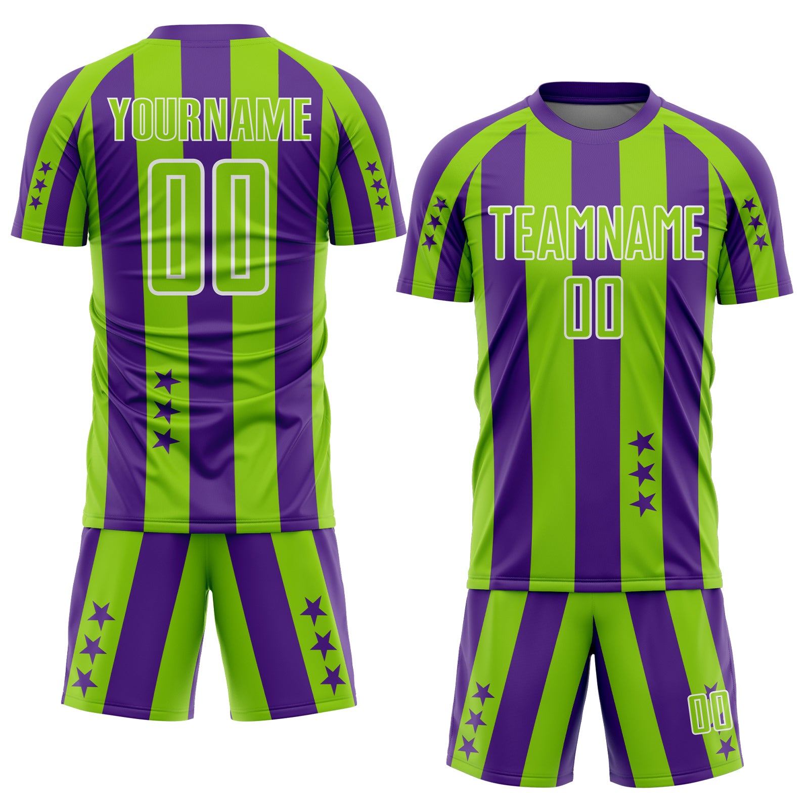 Custom Purple Neon Green-White Stars And Stripes Sports Sublimation Soccer Uniform Jersey