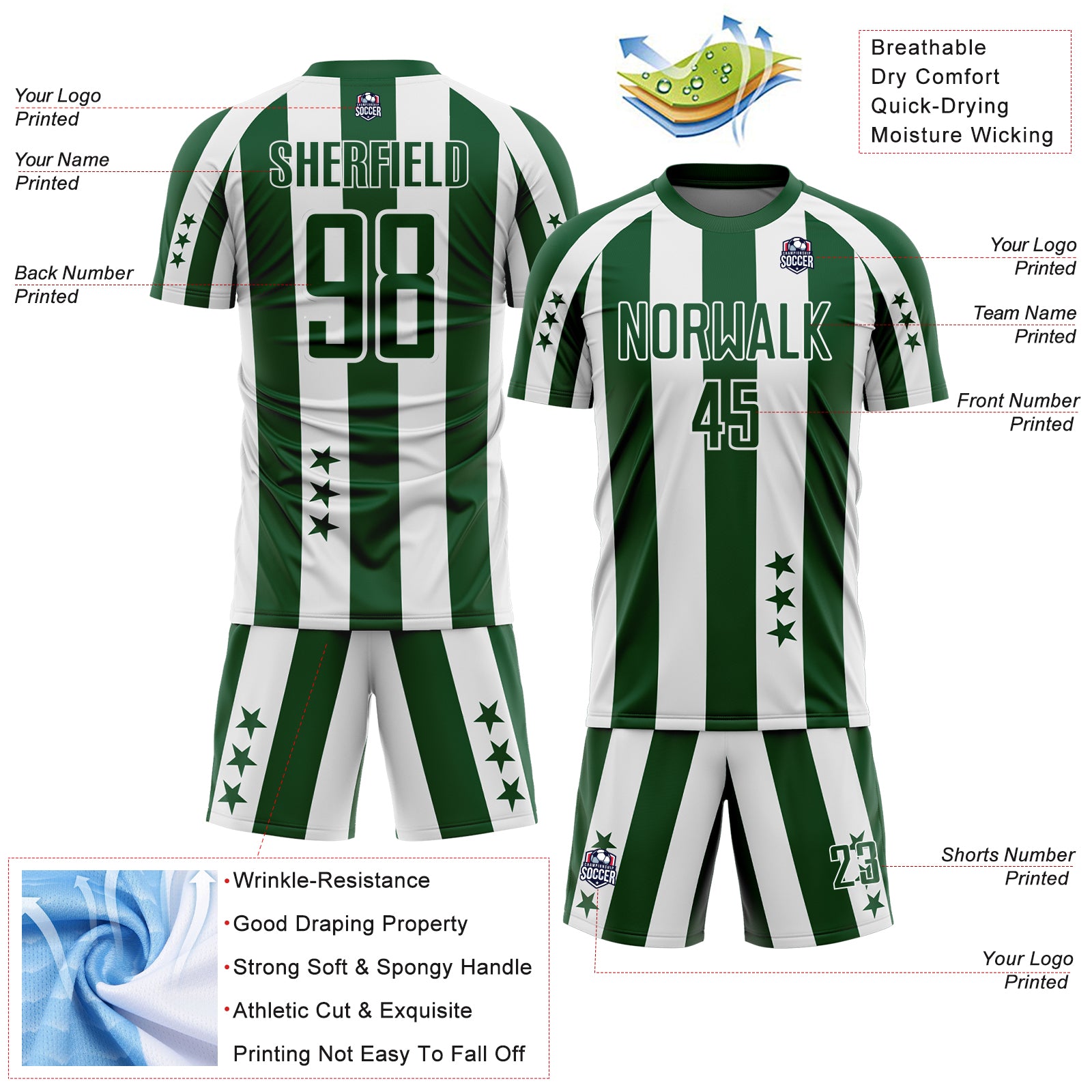 Custom Green White Stars And Stripes Sports Sublimation Soccer Uniform Jersey