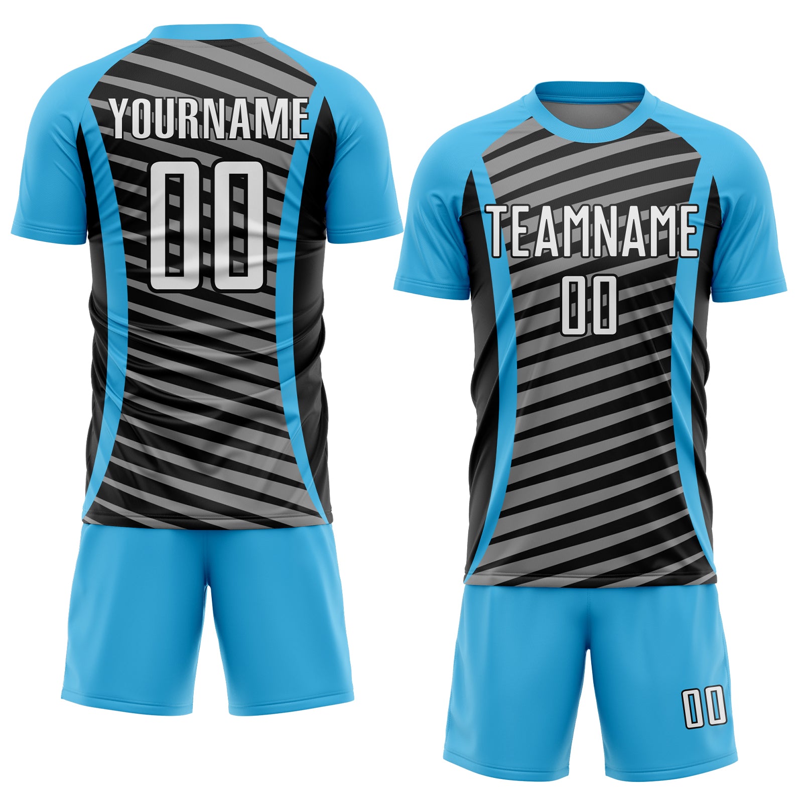 Custom Sky Blue White-Black Stripe Line Sublimation Soccer Uniform Jersey