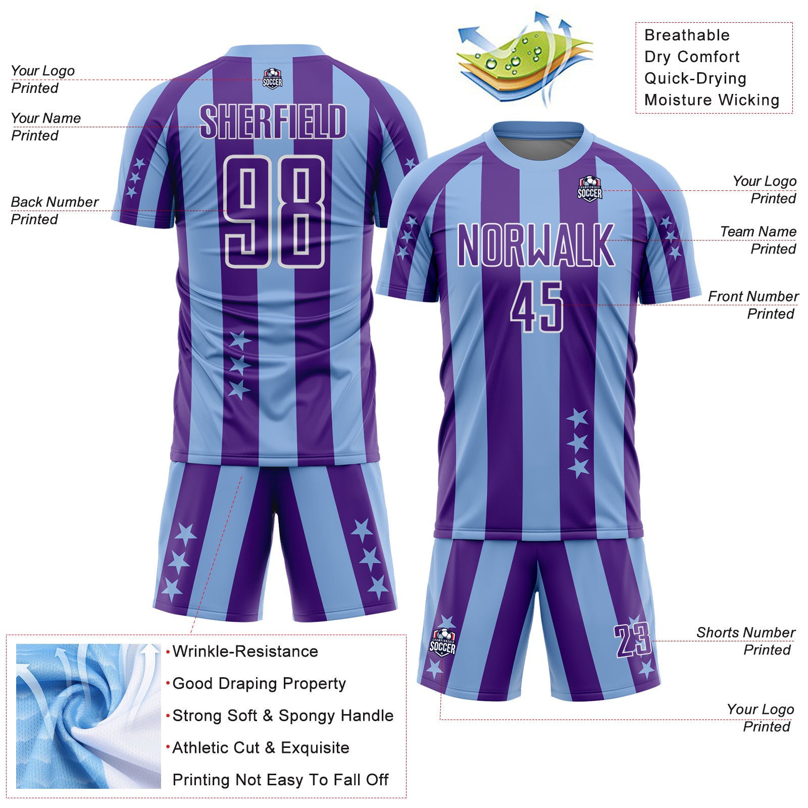 Custom Light Blue Purple-White Stars And Stripes Sports Sublimation Soccer Uniform Jersey